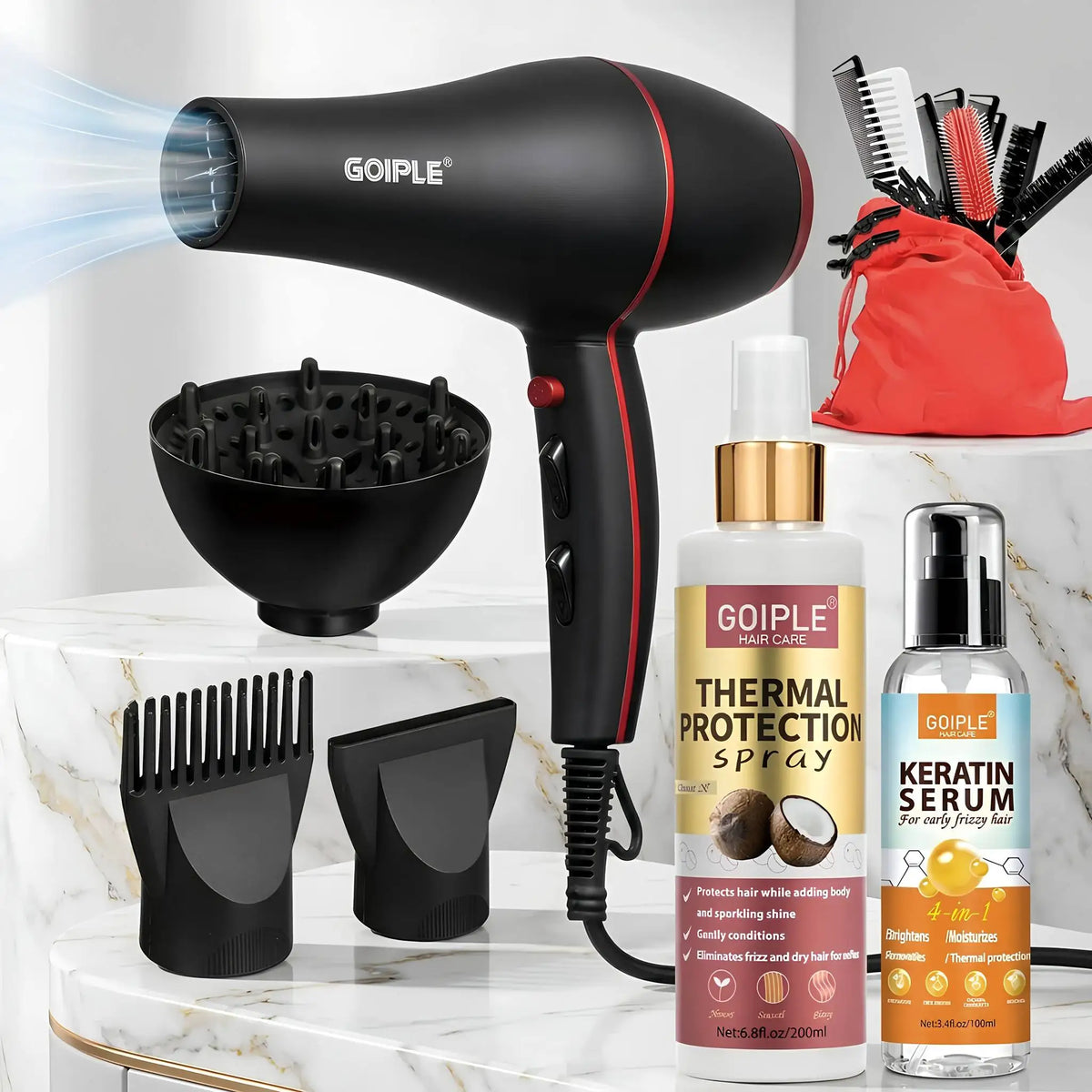 Goiple Professional Hair Dryer Styling & Care Kit - High Power Ionic Blow Dryer with Keratin Serum, Thermal Protection Spray, Diffuser, and Multi-Comb Set for All Hair Types